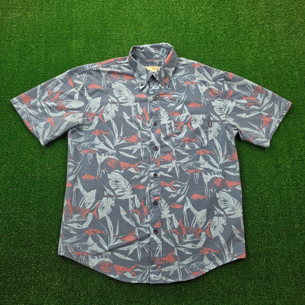 Huk Performance Fishing Shirt Mens Small Botanical Fish Button Up Short Sleeve